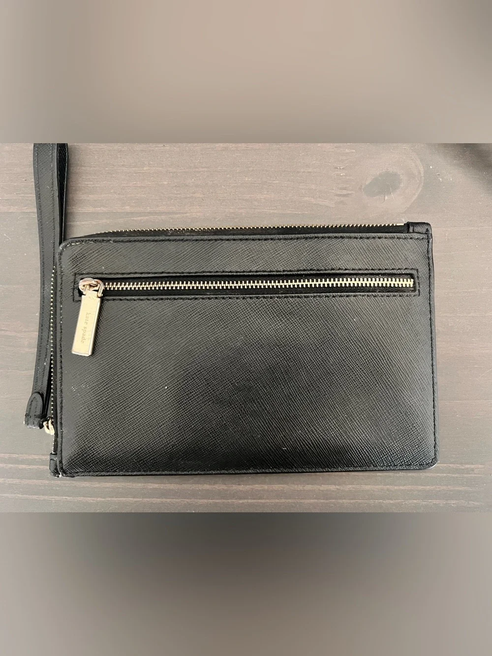 kate spade Black Saffiano Leather Zip Card Holder with silver Logo